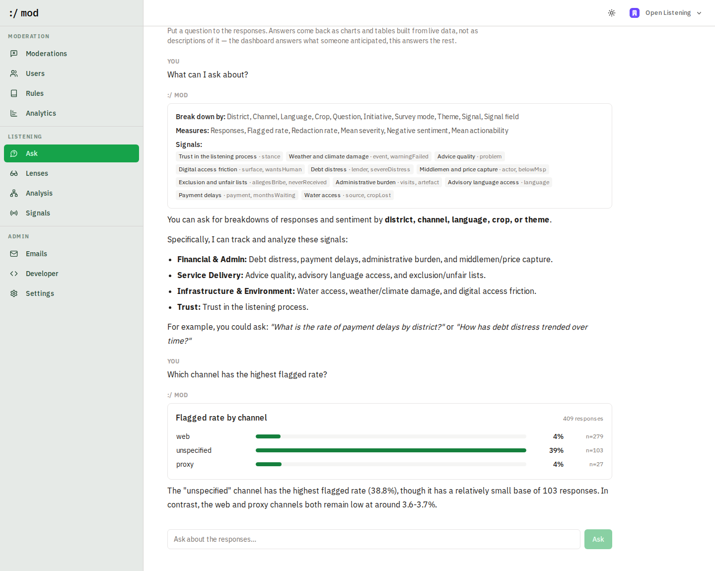 The Ask chat with rendered charts