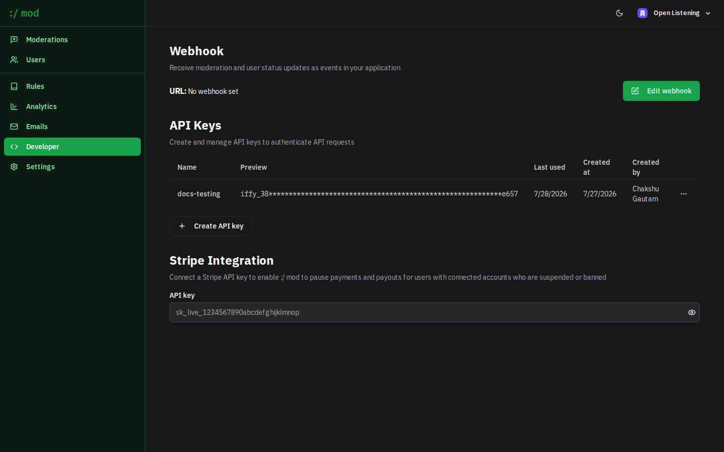 Developer settings with API keys