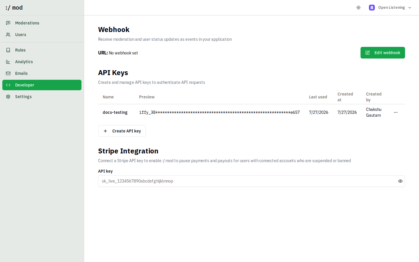Developer settings with API keys