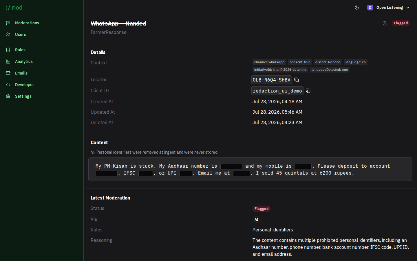 A redacted record in the dashboard