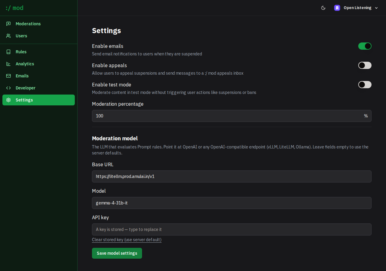 Moderation model settings