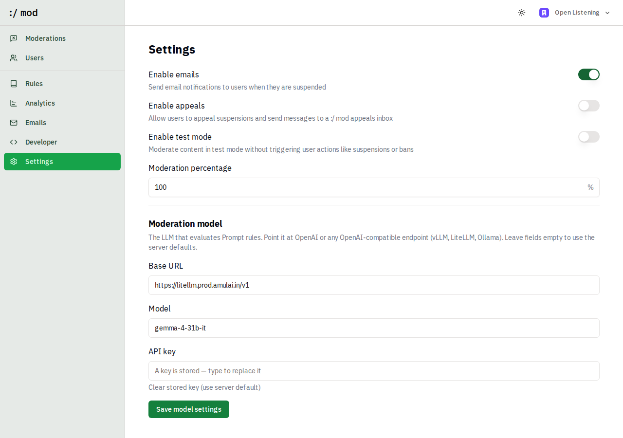 Moderation model settings